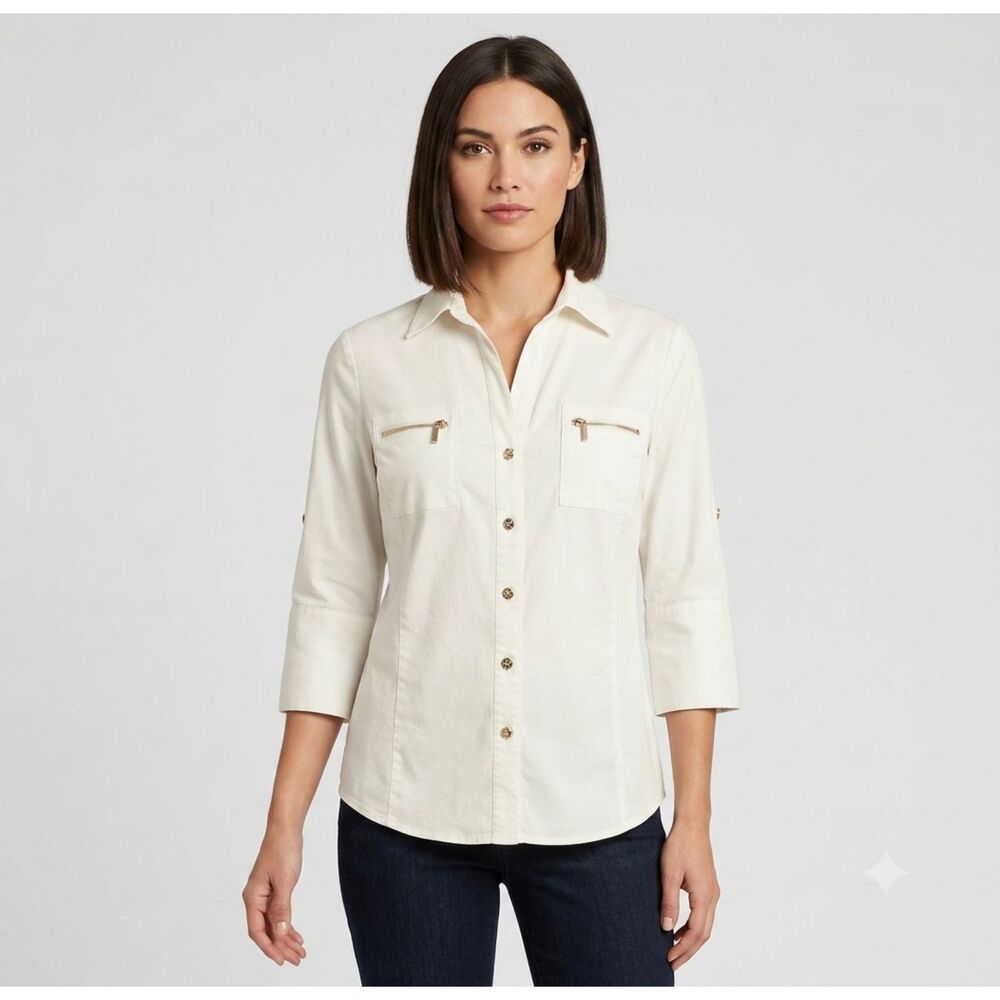 Jones New York Signature Stretch Button Front Shirt – Women’s L/G Gold Zippers
